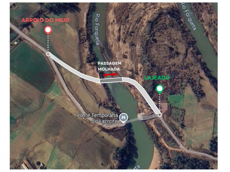 Gráfico ilustra a localização da ponte temporária do exército e da passagem molhada